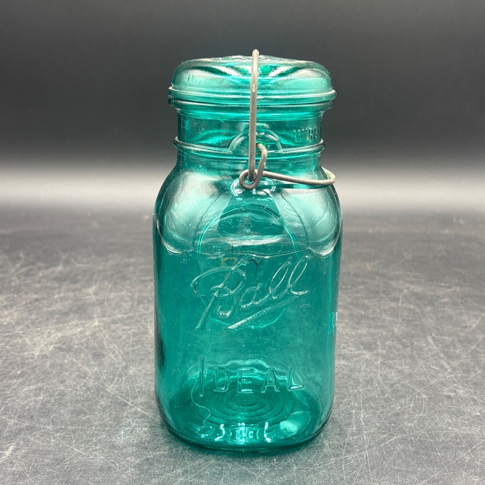 Vintage Ball Ideal Aqua Blue Glass Canning Jar Eagle Logo Wire Bail Lid 7.75in